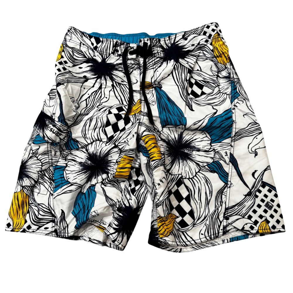 Pacific‎ Surf Mens Floral Checkerboard Board Shorts Blue White Yellow Size Large